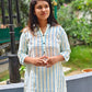Greenish Blue Striped Kurti – Chinese Collar Straight Fit with 3/4 Sleeves