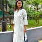 Greenish Blue Striped Kurti – Chinese Collar Straight Fit with 3/4 Sleeves