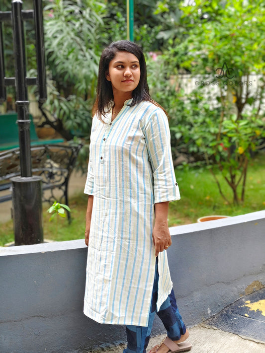 Greenish Blue Striped Kurti – Chinese Collar Straight Fit with 3/4 Sleeves