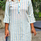Greenish Blue Striped Kurti – Chinese Collar Straight Fit with 3/4 Sleeves