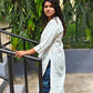 Greenish Blue Striped Kurti – Chinese Collar Straight Fit with 3/4 Sleeves