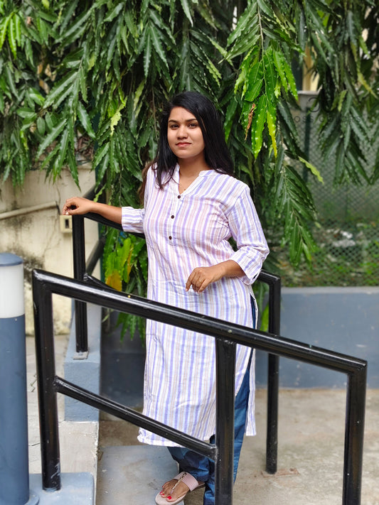 Violet Striped Kurti – Chinese Collar Straight Fit with 3/4 Sleeves