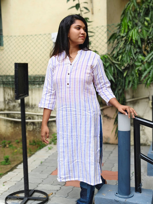 Violet Striped Kurti – Chinese Collar Straight Fit with 3/4 Sleeves