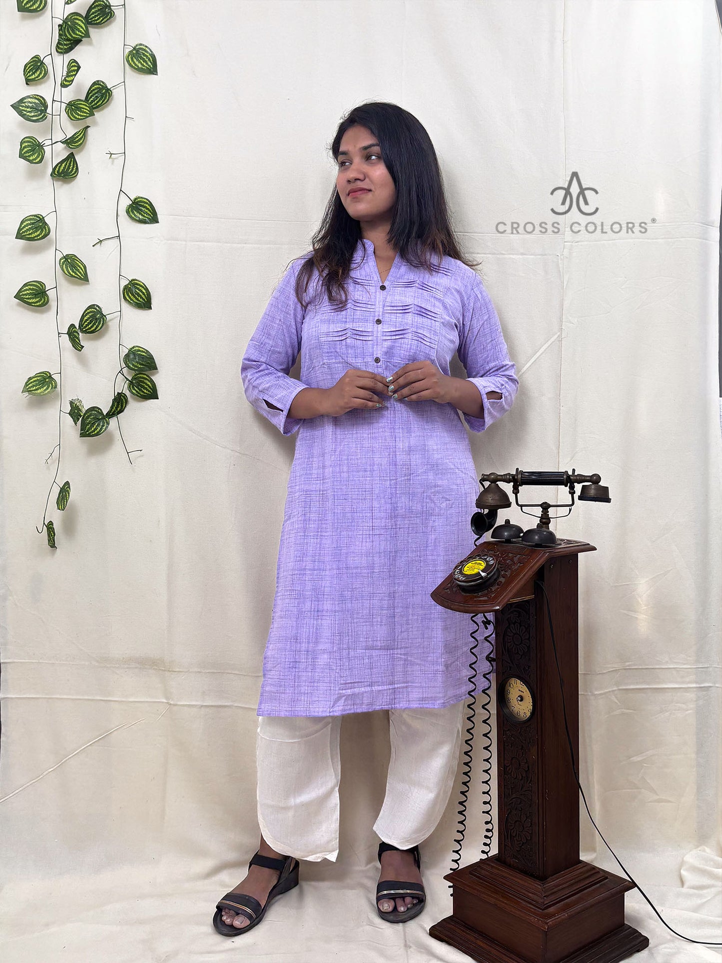 Violet Straight Kurti with Chest Pintuck Style | 100% Cotton | 3/4 Sleeves