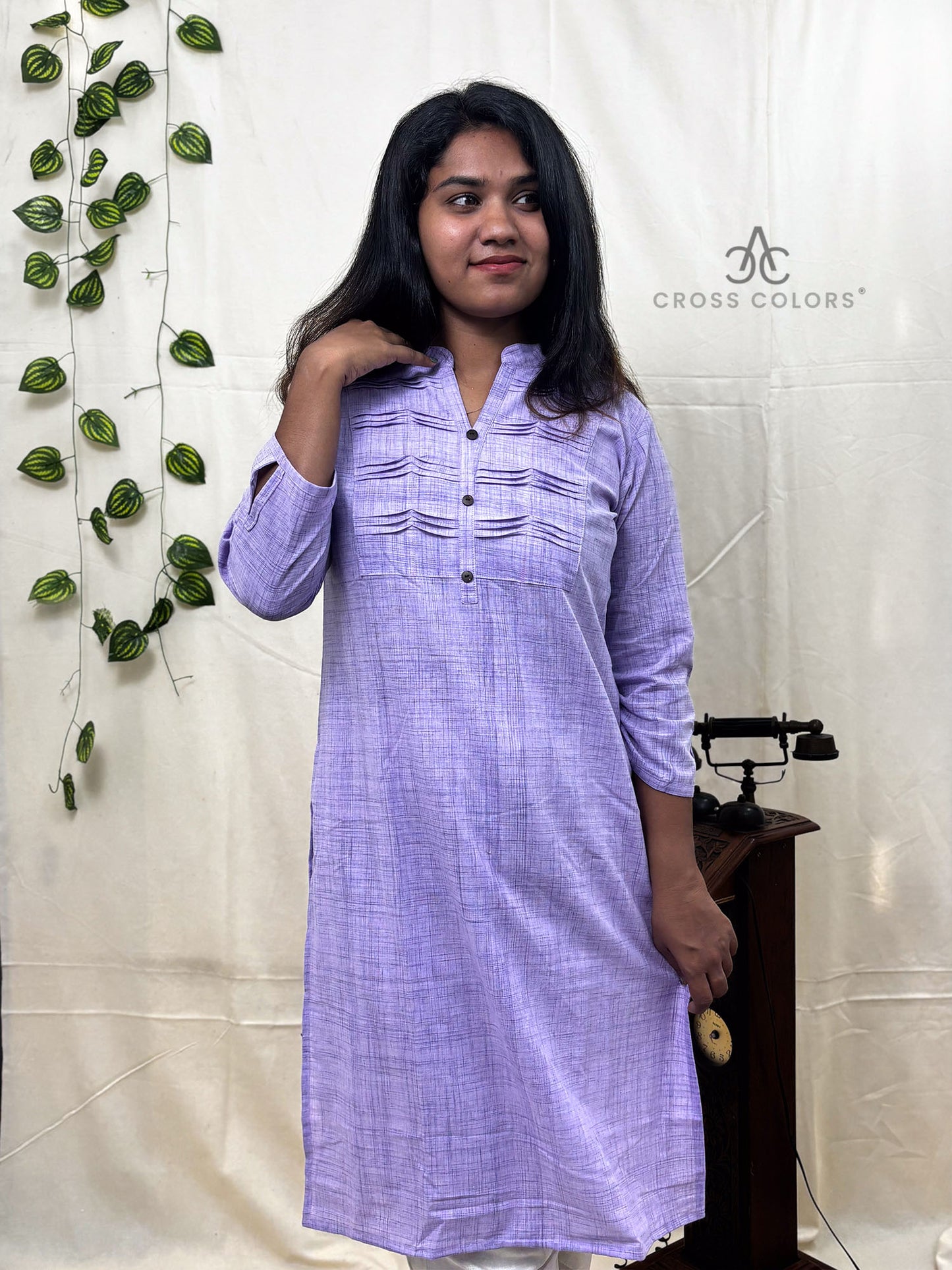 Violet Straight Kurti with Chest Pintuck Style | 100% Cotton | 3/4 Sleeves