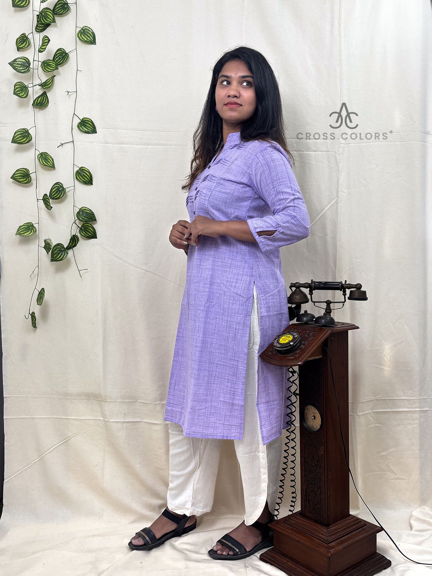 Violet Straight Kurti with Chest Pintuck Style | 100% Cotton | 3/4 Sleeves