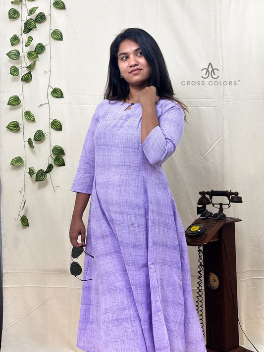 Violet Indo-Western Long Dress with Hip Pintuck Style | 100% Cotton | 3/4 Sleeves