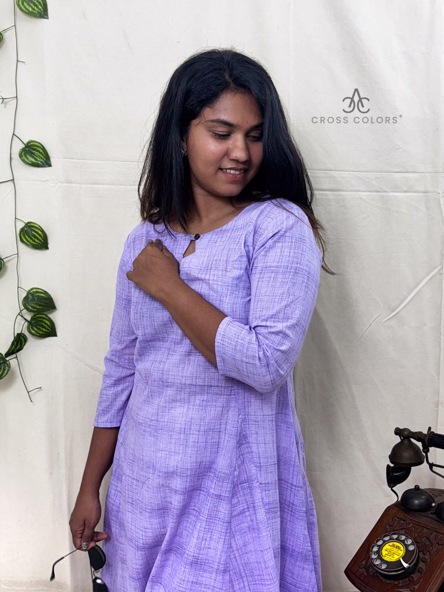 Violet Indo-Western Long Dress with Hip Pintuck Style | 100% Cotton | 3/4 Sleeves