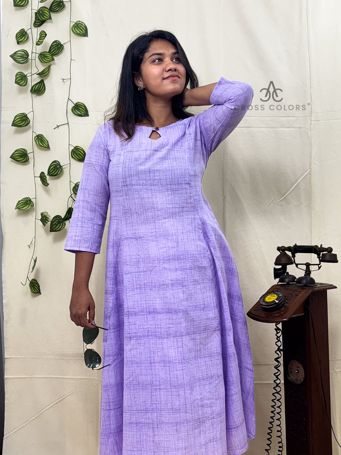 Violet Indo-Western Long Dress with Hip Pintuck Style | 100% Cotton | 3/4 Sleeves