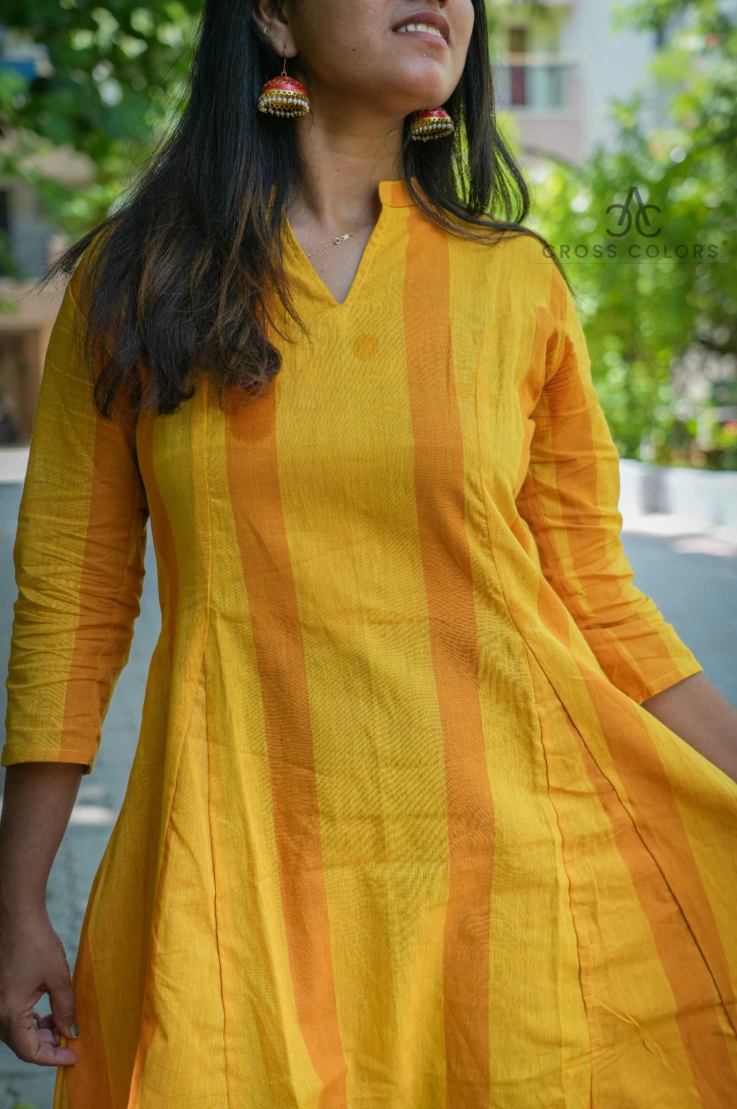 Yellow Striped Princess-Cut A-Line Kurti | 100% Handloom Cotton | 3/4 Sleeves