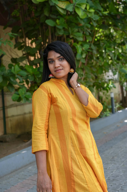 Yellow Striped Princess-Cut A-Line Kurti | 100% Handloom Cotton | 3/4 Sleeves
