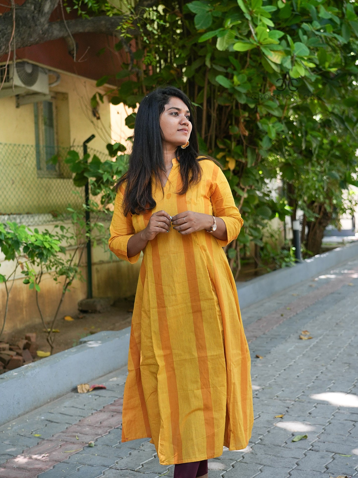 Yellow Striped Princess-Cut A-Line Kurti | 100% Handloom Cotton | 3/4 Sleeves