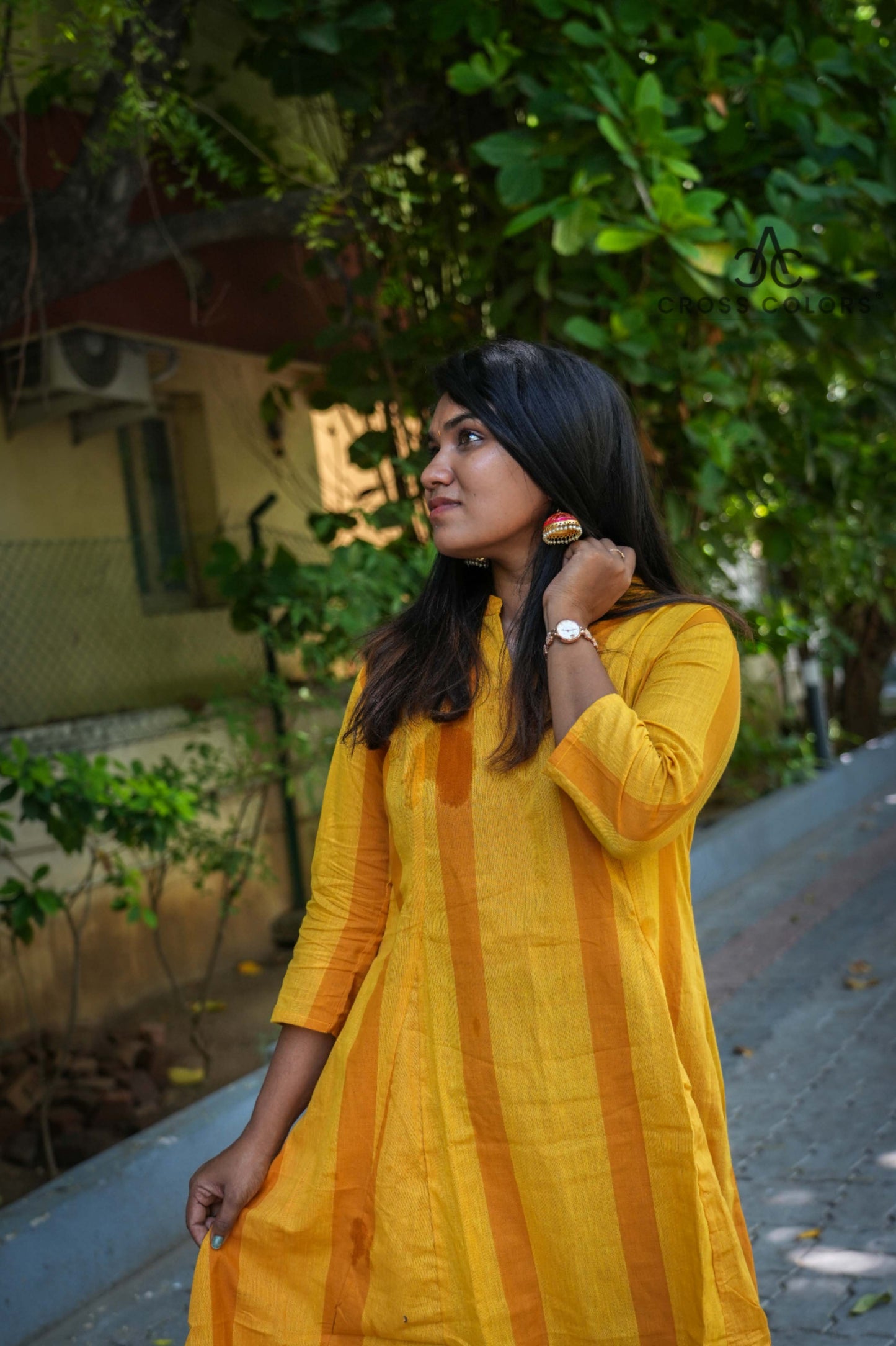 Yellow Striped Princess-Cut A-Line Kurti | 100% Handloom Cotton | 3/4 Sleeves
