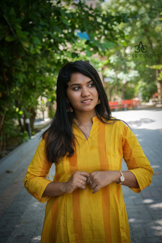 Yellow Striped Princess-Cut A-Line Kurti | 100% Handloom Cotton | 3/4 Sleeves